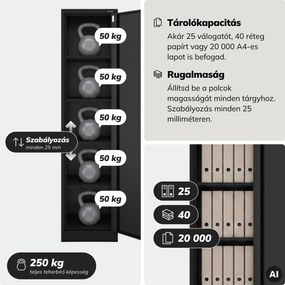 Keskeny, fekete fém iratszekrény, 450x1850x400 mm: ALEX