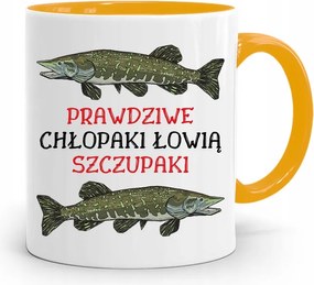 Sárga Horgász Bögre Fiúk Csukák Horgászata fényképes nyomtatással