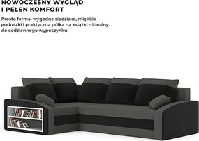 Grande sarokkanapé polcokkal , polc a bal karfaban, baloldali, szövet anyag, hab töltet, szürke - fekete