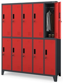 10 rekeszes öltözőszekrény lábakon BARTEK, 1360 x 1720 x 450 mm, antracit-piros