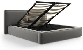 Szürke bársony kárpitozott ágyneműtartós franciaágy ágyráccsal 200x200 cm Arendal – Cosmopolitan Design