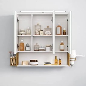 Fürdőszobai tükrös szekrény világítással, fehér-arany, 14,5×70×70 cm