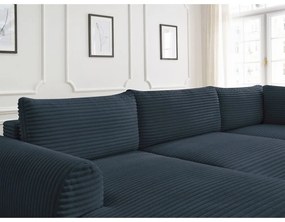Sötétkék kordbársony kinyitható sarokkanapé (bal oldali-U alakú) Lucien – Bobochic Paris