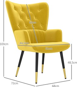 HOMCOM Egyszemélyes Fotel Hálószobába és Nappaliba, Magas Hátú, Karfás, Acél Lábbal, Modern Stílus, 68x72x103 cm, Sárga | Aosom
