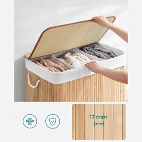 Bambusz szennyeskosár 3 rekesszel, fedéllel és fogantyúkkal, 150 literes