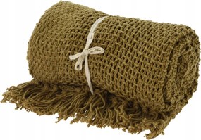 Kötött pléd/terítő rojtokkal, 130x170cm, khaki