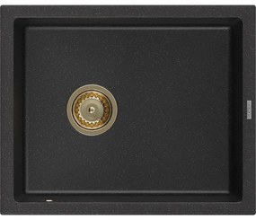 Mexen Pedro, gránit mosogató 560x460x200 mm, 1 kamrás, fekete-ezüst metál arany szifonnal, 6508561000-73-G
