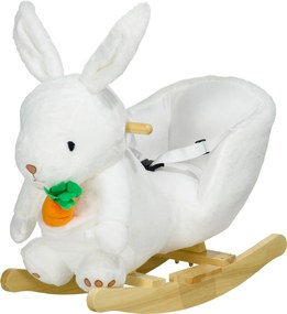HOMCOM Állatos Hintázó Játék - Nyúl Modell Zenei Funkcióval, Kényelmes Ülés Biztonsági Övvel, Puha Rövid Plüss, Nyárfa Fa 60 x 33 x 50 cm Fehér | Aoso