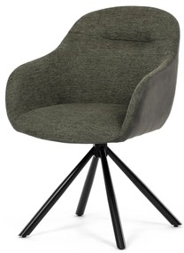 Scaun de sufragerie pivotant, țesătură verde și țesătură gri închis, cu decor vintage din piele, metal negru, rotativ P90°+ L90° cu mecanism de retragere