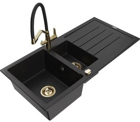 Mexen Andres 1,5-medencés gránit mosogató csepegtetővel és Duo konyhai csapteleppel, fekete - 6515-77-671701-57-G