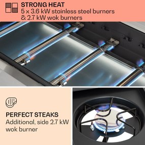 Tomahawk, gázgrill, 5 x 3,6 kW-os + 2,7 kW-os égő, 80 x 43,5 cm-es rozsdamentes acél grillsütő