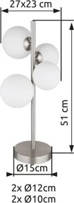 Globo 56140-4T Asztali lámpa fém nikkel matt, üveg fehér, kábel PVC fekete, billenőkapcsoló a kábelen, HxSzxM: 270x230x510mm, kábelhossz 1500mm, üveg átmérő: 2x10cm, 2x12cm, benne 4x G9 LED 3.5W 230V, 350lm forrás, 310lm kimenet, 3000K