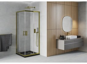 Mexen Rio, szögletes zuhany tolóajtóval 70 (ajtó) x 70 (ajtó) x 190 cm, 5mm átlátszó üveg, arany profil + fekete SLIM zuhanytálca arany szifonnal, 86…