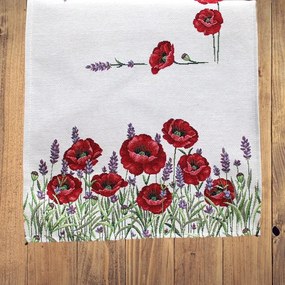 Pipacsos, levendulás gépi gobelin asztali futó, 44x140 cm