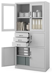 Fém iratszekrény széffel, vitrinnel és fiókokkal FILIP, 900 x 1850 x 400 mm, szürke