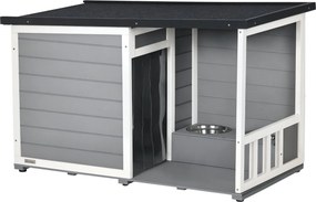 PawHut Kültéri Kutyaól, Fa Kutyaól 2 Tálcával, Terasszal, Vízálló Kutya Barlang, Tetővel Készült Kennel Kisebb Kutya Számára, Szürke, 103 x 62 x 60-66