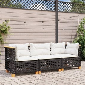 Fekete 3 személyes polyrattan kerti kanapé párnákkal