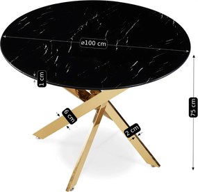 BALI üveg asztal 100 cm fekete márvány/arany