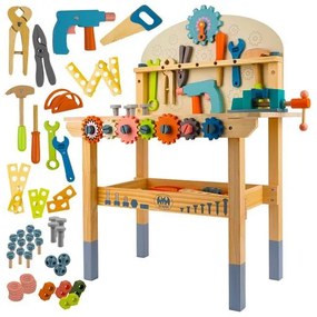 Gyerekműhely 3 az 1-ben fa szerszámokkal, játék barkácsasztal fa csavarokkal, alkatrészekkel, szerszámokkal és szerszámgépekkel, színes, 3 éves kortól