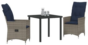 3 Részes Kerti Étkező Szett Párnákkal Szürke Poli Rattan, Kerti Asztal Fekete 80x80x73 cm Edzett Üveggel
