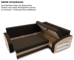 Grande sarokkanapé polcokkal , polc a jobb karfaban, jobboldali, szövet anyag, hab töltet, barna