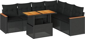 vidaXL 7 részes fekete polyrattan akácfa kerti ülőgarnitúra párnával