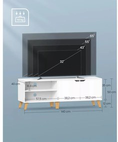 TV szekrény, 2 ajtóval, polcokkal, fehér 140x40x45cm