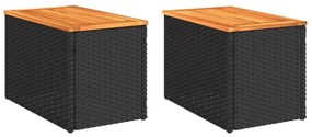2 db fekete polyrattan és tömör fa kerti kisasztal 55x34x37 cm