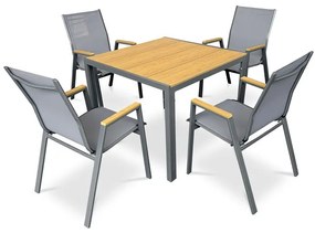 Kerti szék, szürke textilén, szürke fémváz, polywood karfa tölgy dekorral