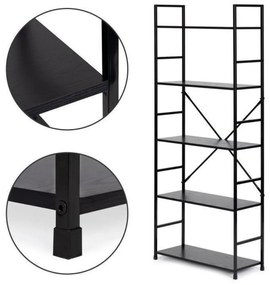 Fekete 5 szintes nyitott könyvespolc, tároló állvány fém lábakkal - 59x144cm Intenso