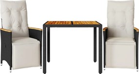 vidaXL 3 részes fekete polyrattan kerti bisztrógarnitúra párnákkal