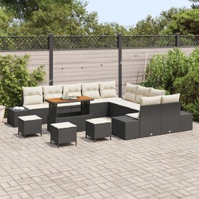 14 darabos kerti kanapé szett párnákkal fekete poli rattan akáciával, 2 fős kerti kanapé párnákkal fekete poli rattan, 4 darabos kerti étkező szett párnákkal fekete poli rattan akáciával