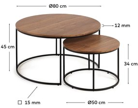 Barna kerek dohányzóasztal szett diófa dekoros asztallappal, 2 db-os ø 80 cm Yona - Kave Home
