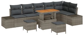 9 részes kertibútor szett párnákkal szürke poli rattan akác, 2-fős kertibútor párnákkal szürke poli rattan, 3 részes kert dining szett párnákkal szürke poli rattan akác