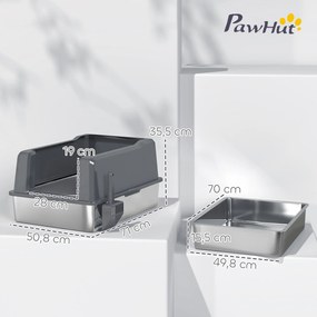 PawHut XXL Rozsdamentes Acél Macska WC Alom Tálca, 85L Nagy Kapacitás, Félzárt Macska WC Ház, Ráccsal és Csúszásmentes Talpakkal, Könnyen Tisztítható,