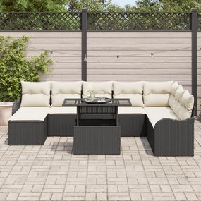 9 Darabos Kerti Sofa Szett Párnákkal Fekete Poly Rattan, 2-Személyes Kerti Sofa Tárolóval és Párnákkal Fekete Poly Rattan