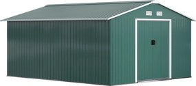 Outsunny 12,4 m²-es Kerti Szekrény, Tetővel, Csúszóajtóval, Alappal, 386 x 340 x 200 cm, Horganyzott Acélból Készült, Időjárásálló, Kerthez, Sötétzöld