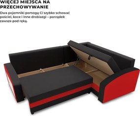 Grande sarokkanapé polcokkal , polc a bal karfaban, jobboldali, szövet anyag, hab töltet, fekete - piros
