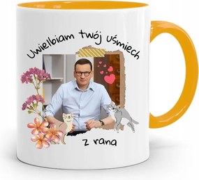 Sárga Politikus Bögre Mateusz Morawiecki Miniszterelnök fényképes nyomtatással