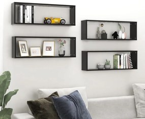 4 db magasfényű fekete forgácslap fali kockapolc 80x15x26,5 cm