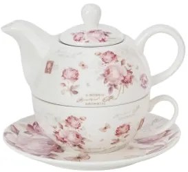 Rózsás porcelán egyszemélyes teáskészlet szűrővel díszdobozban