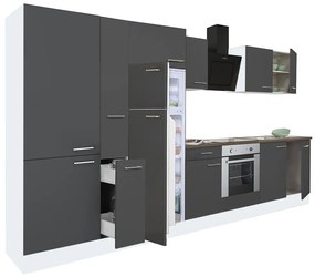 Yorki 360 konyhablokk fehér korpusz,selyemfényű antracit front alsó sütős elemmel polcos szekrénnyel és felülfagyasztós hűtős szekrénnyel