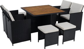 Kerti rattan szett, akácfa, fekete/krémszínű/természetes, MELFORD