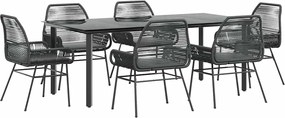 vidaXL 7 részes fekete polyrattan üveg kerti étkezőgarnitúra párnákkal