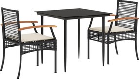 vidaXL 3 részes fekete polyrattan kerti étkezőgarnitúra párnákkal