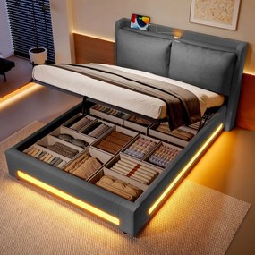 Kárpitozott ágy, franciaágy 160x200cm Usb-c Led párna szürke