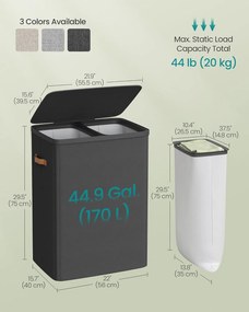 Szennyeskosár 2 rekesszel 170 L, 56x40x75 cm, fekete