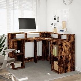 füstös tölgy színű szerelt fa íróasztal LED-ekkel 130x130x91 cm