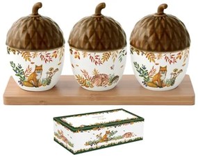 Forest Dream őszi porcelán makk alakú tálka fedővel 3 db bambusztálcán