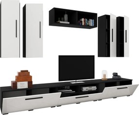 Kos V4 nappali szekrénysor, Fekete / Fényes fehér, MDF, 285 cm